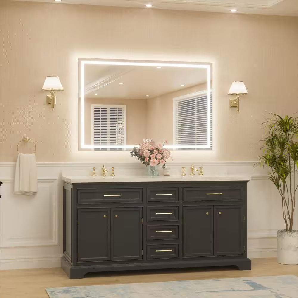 55 In. W X 36 In. H Rectangular Frameless LED Lighted Bathroom Vanity Mirror with Light with Backlit and Anti-Fog