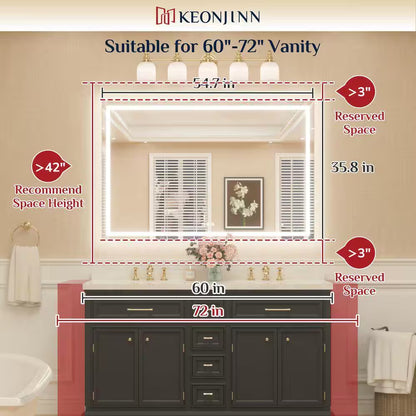 55 In. W X 36 In. H Rectangular Frameless LED Lighted Bathroom Vanity Mirror with Light with Backlit and Anti-Fog