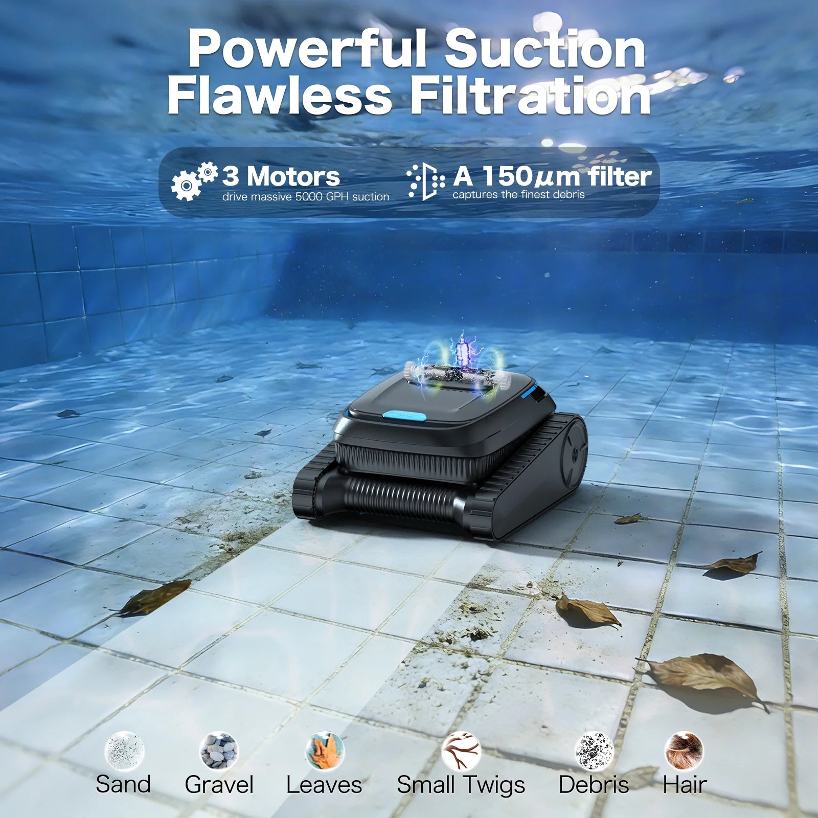 Robotic Pool Vacuum Cleaner CP20 Cordless Wall-Climbing for Above-Ground Pools and In-Ground Pools