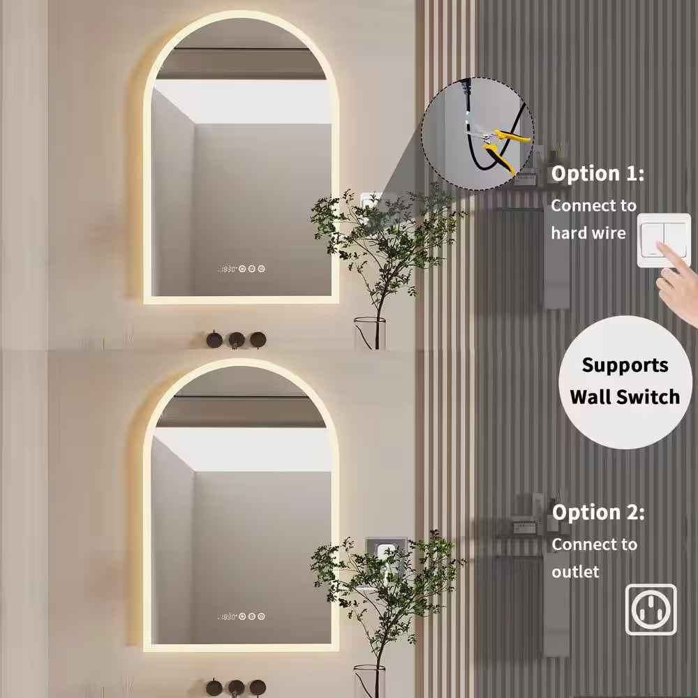 24 In. W X 36 In. H Large Arched Frameless 3-Dimmable Backlit Time Temperature Anti-Fog Wall LED Bathroom Vanity Mirror
