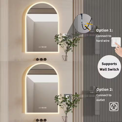 24 In. W X 36 In. H Large Arched Frameless 3-Dimmable Backlit Time Temperature Anti-Fog Wall LED Bathroom Vanity Mirror