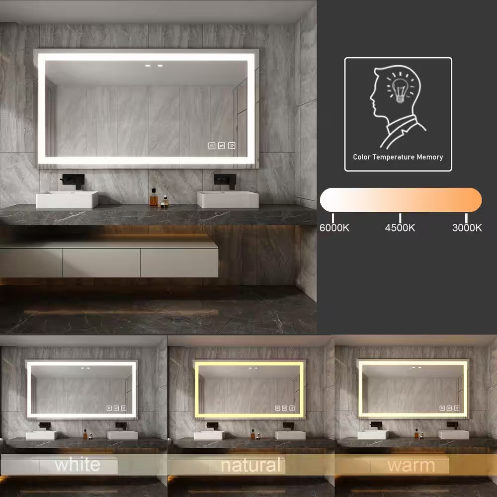 60 In. W X 36 In. H Rectangular Frameless LED Light Anti-Fog Wall Bathroom Vanity Mirror Front Light Super Bright