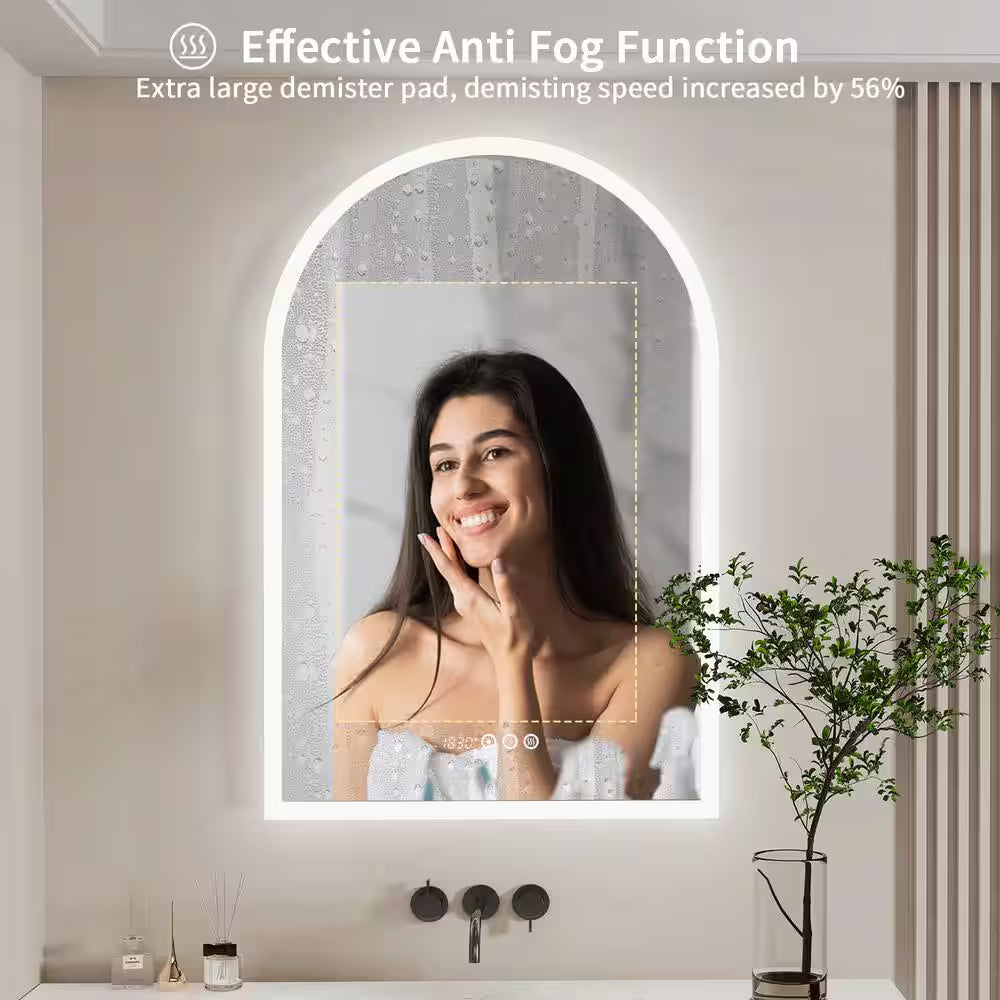 24 In. W X 36 In. H Large Arched Frameless 3-Dimmable Backlit Time Temperature Anti-Fog Wall LED Bathroom Vanity Mirror