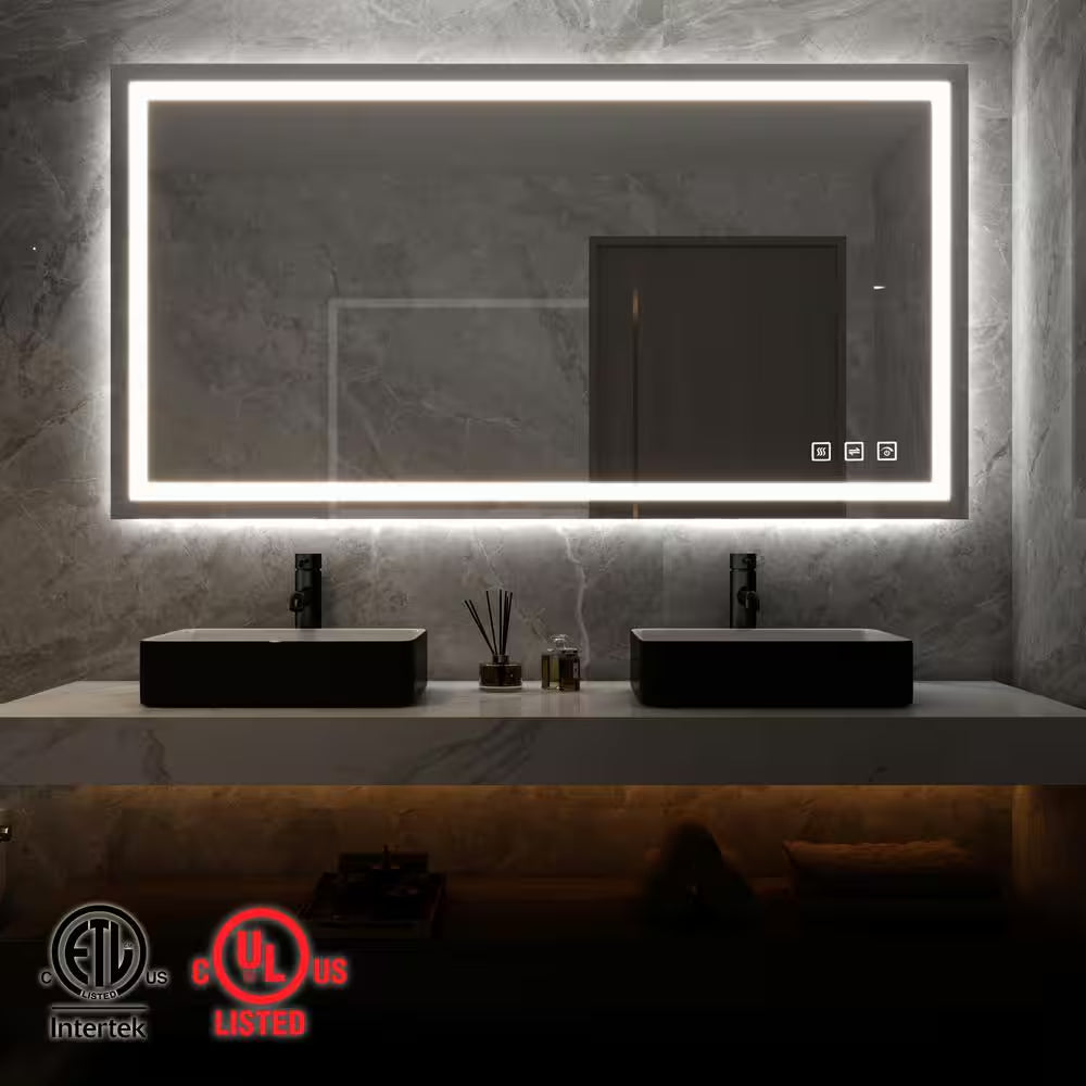 60 In. W X 36 In. H Rectangular Frameless LED Light Anti-Fog Wall Bathroom Vanity Mirror Front Light Super Bright