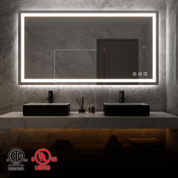 60 In. W X 36 In. H Rectangular Frameless LED Light Anti-Fog Wall Bathroom Vanity Mirror Front Light Super Bright