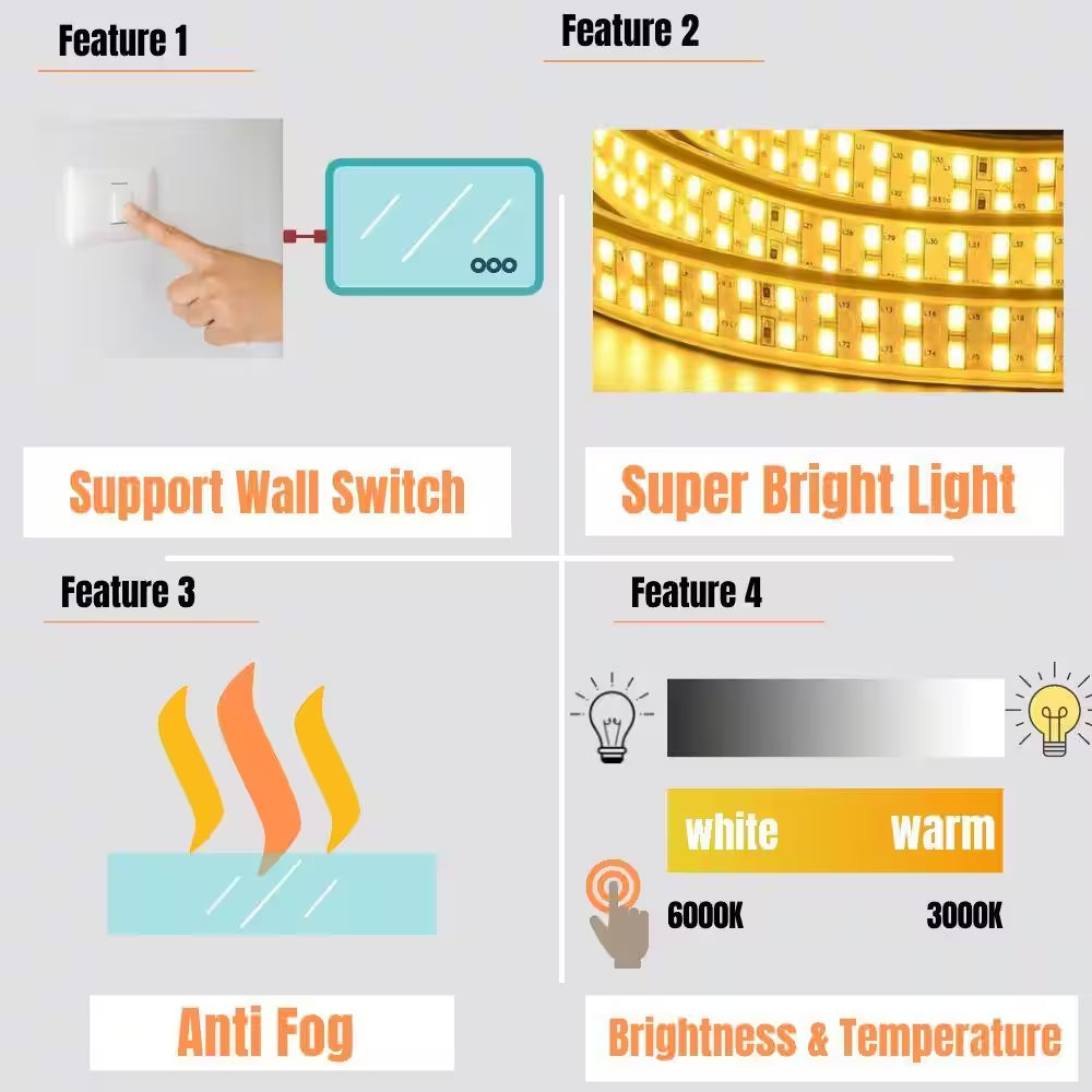 60 In. W X 36 In. H Rectangular Frameless LED Light Anti-Fog Wall Bathroom Vanity Mirror Front Light Super Bright