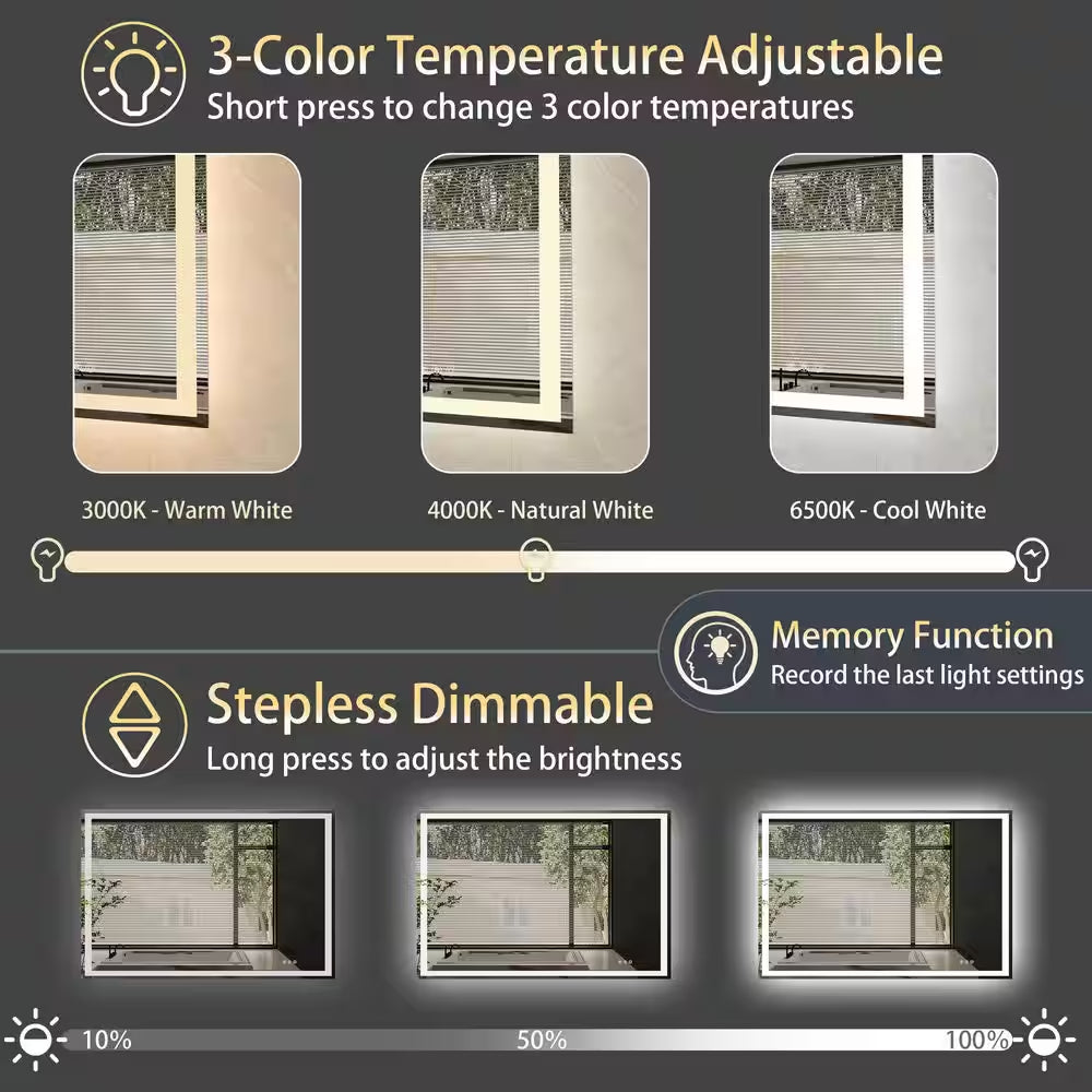 48 In. W X 36 In. H Rectangular Frameless Anti-Fog Dimmable Wall Bathroom Vanity Mirror with Backlit and Front Lit