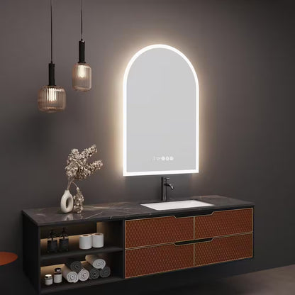 24 In. W X 36 In. H Large Arched Frameless 3-Dimmable Backlit Time Temperature Anti-Fog Wall LED Bathroom Vanity Mirror