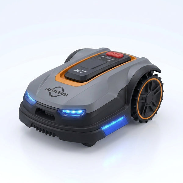 Robotic Lawn Mower Built to Conquer Hills, All-Wheel Drive, 3D Vision, RTK Mapping, 70% Slope Climbing — Studio Shot