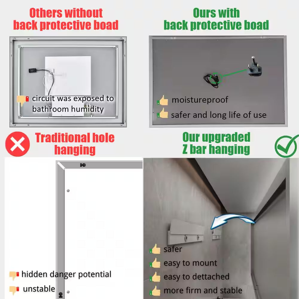 60 In. W X 36 In. H Rectangular Frameless LED Light Anti-Fog Wall Bathroom Vanity Mirror Front Light Super Bright