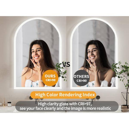24 In. W X 36 In. H Large Arched Frameless 3-Dimmable Backlit Time Temperature Anti-Fog Wall LED Bathroom Vanity Mirror