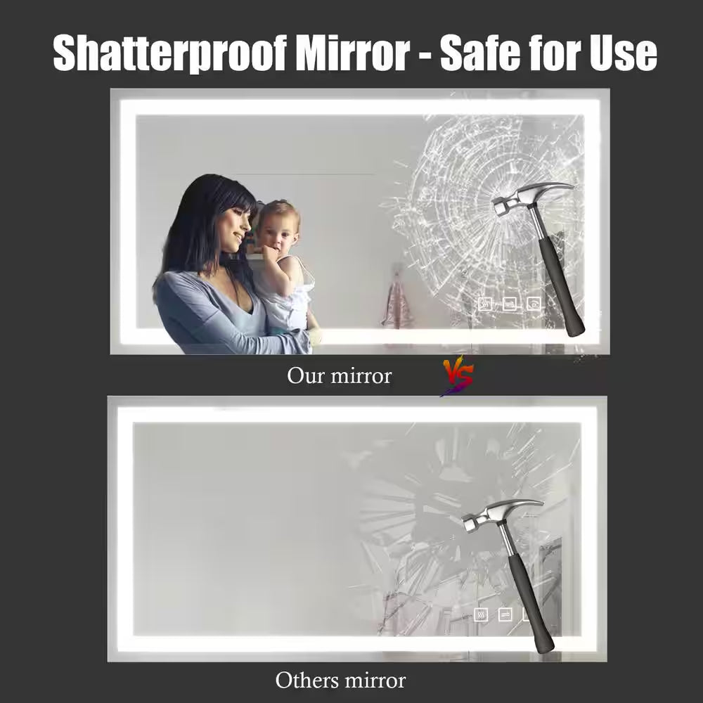 60 In. W X 36 In. H Rectangular Frameless LED Light Anti-Fog Wall Bathroom Vanity Mirror Front Light Super Bright