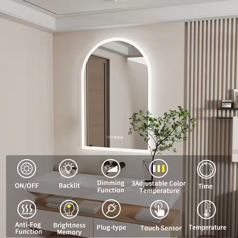 24 In. W X 36 In. H Large Arched Frameless 3-Dimmable Backlit Time Temperature Anti-Fog Wall LED Bathroom Vanity Mirror
