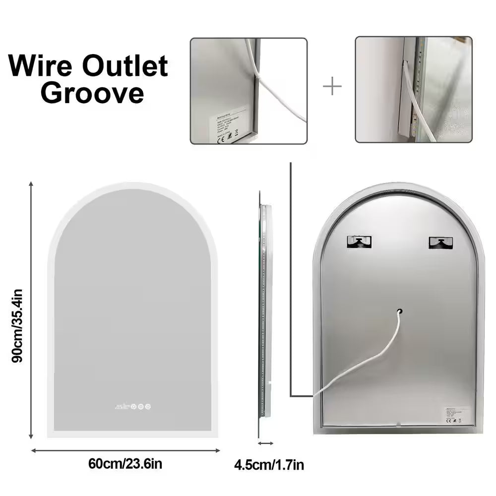 24 In. W X 36 In. H Large Arched Frameless 3-Dimmable Backlit Time Temperature Anti-Fog Wall LED Bathroom Vanity Mirror