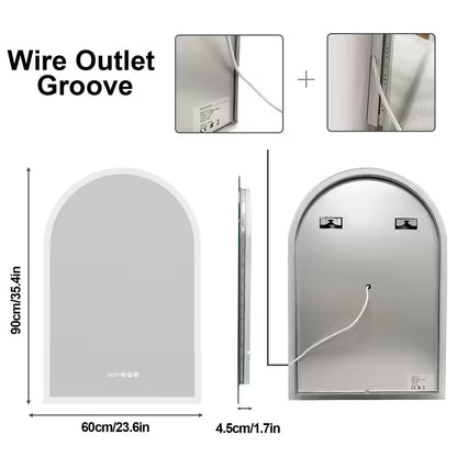 24 In. W X 36 In. H Large Arched Frameless 3-Dimmable Backlit Time Temperature Anti-Fog Wall LED Bathroom Vanity Mirror
