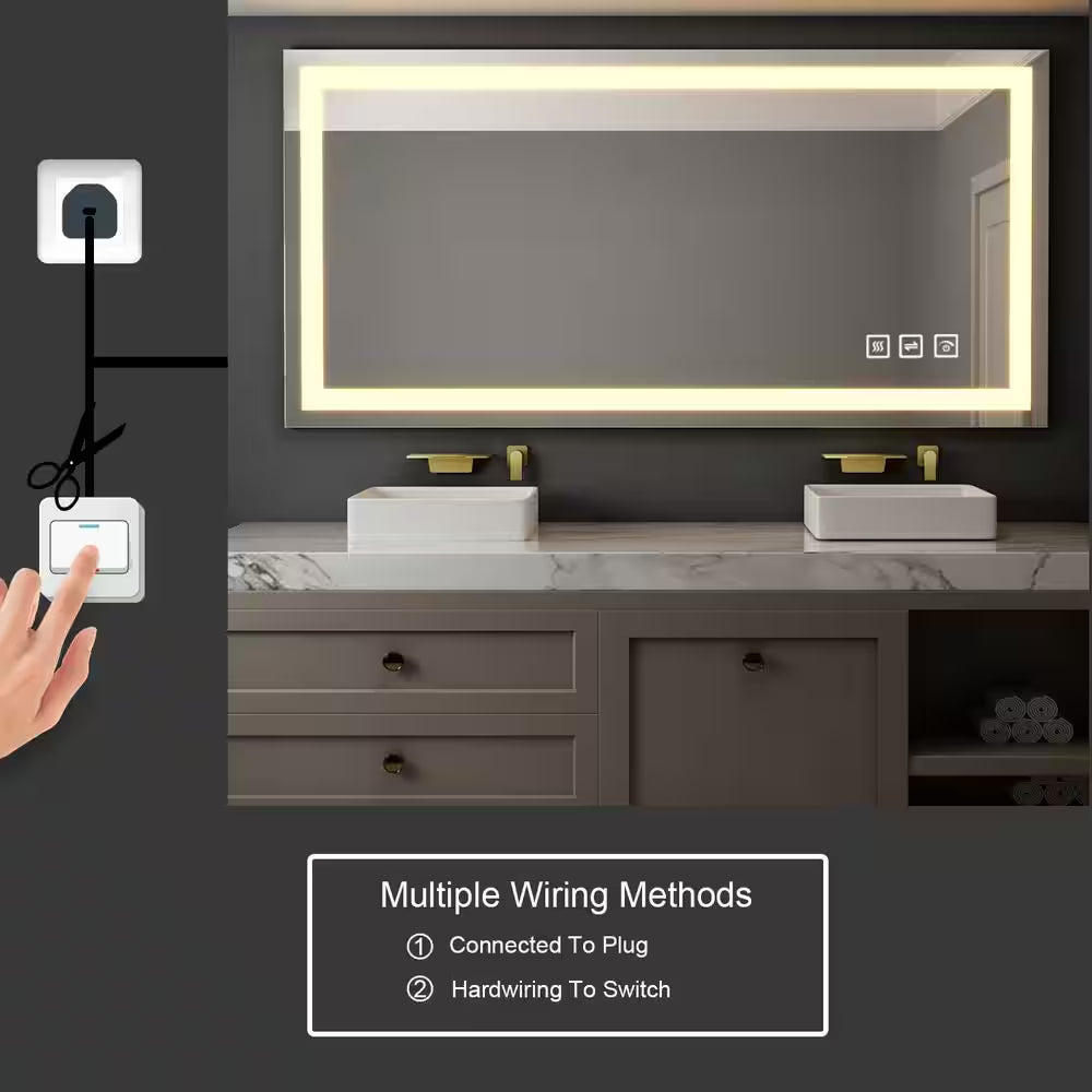 60 In. W X 36 In. H Rectangular Frameless LED Light Anti-Fog Wall Bathroom Vanity Mirror Front Light Super Bright
