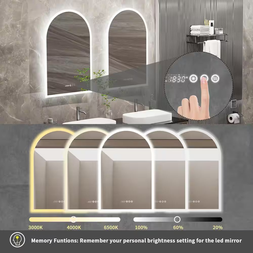 24 In. W X 36 In. H Large Arched Frameless 3-Dimmable Backlit Time Temperature Anti-Fog Wall LED Bathroom Vanity Mirror