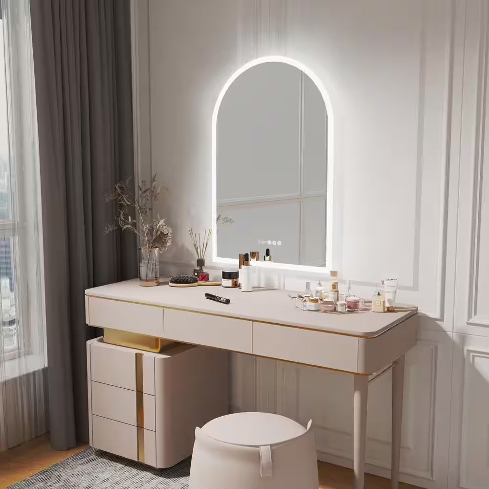 24 In. W X 36 In. H Large Arched Frameless 3-Dimmable Backlit Time Temperature Anti-Fog Wall LED Bathroom Vanity Mirror